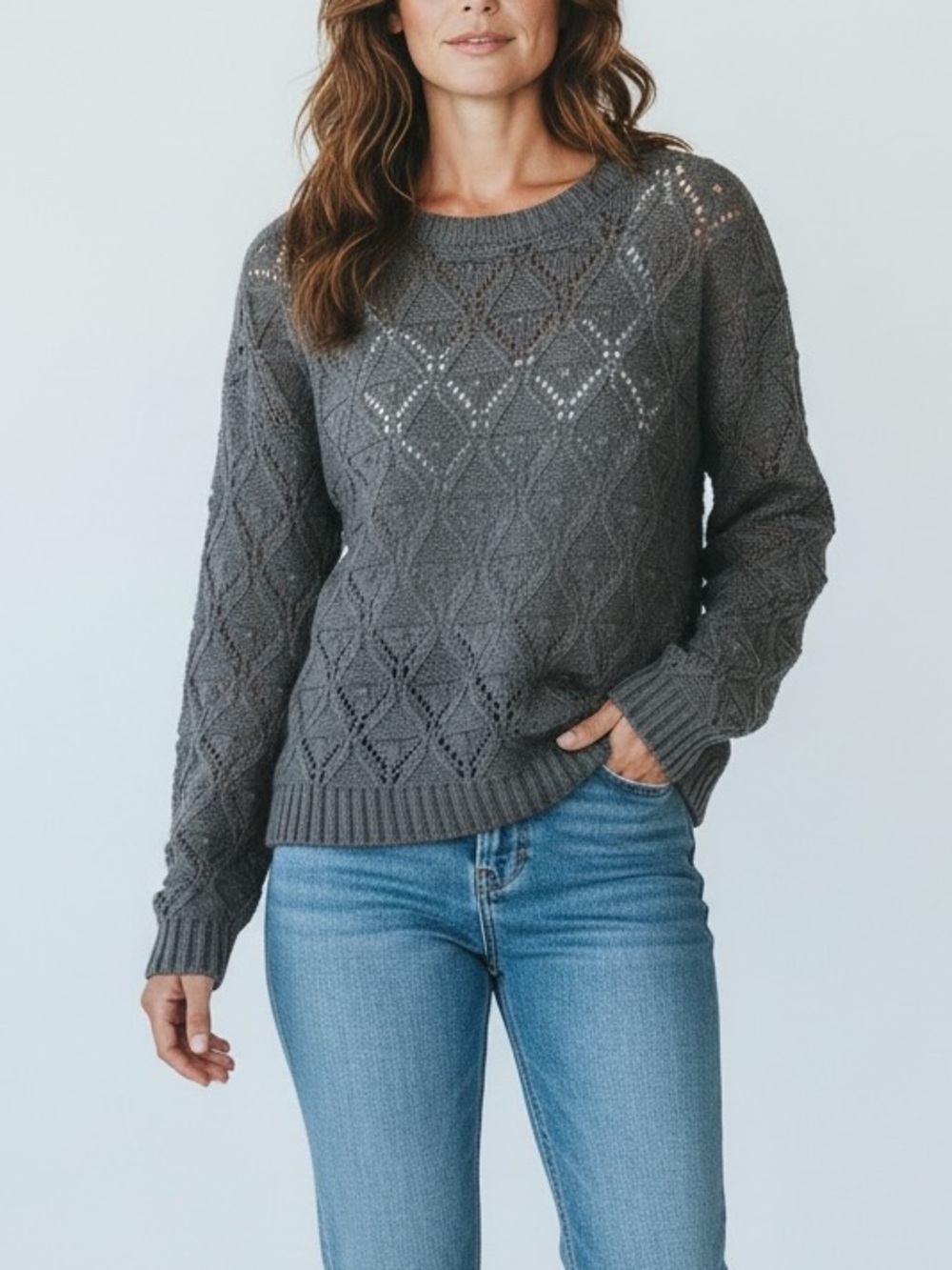Classic Pointelle Crewneck Sweater - Gray
